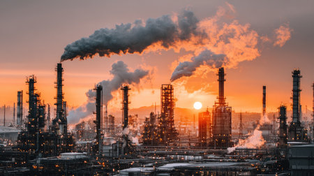 Captivating view of an industrial oil refinery silhouetted against an orange sunset, showcasing smoke emissions, complex structures, and urban skyline elements.の素材