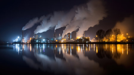 Nighttime industrial landscape reveals smokestacks billowing smoke into the air, with bright lights reflecting off the water, highlighting urban development and pollution concerns.の素材