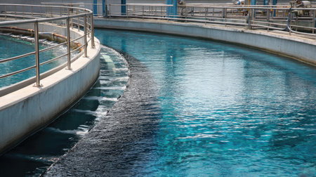 A view of a circular water treatment tank featuring clear blue water and metal railings, showcasing the intricate designs of modern water management facilities.の素材