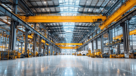 A contemporary industrial warehouse featuring a vast open space with high ceilings, bright natural lighting, and advanced machinery for efficient manufacturing and storage tasks.の素材