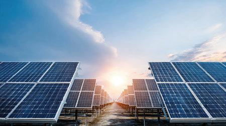 A stunning view of a solar panel installation stretches into the horizon under a captivating sunset, emphasizing the importance of renewable energy for a sustainable future.の素材