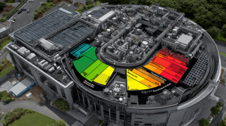 This image features an aerial view of a modern industrial facility showcasing energy performance levels. The color-coded indicators provide insights into efficiency and sustainability in manufacturing processes.の素材