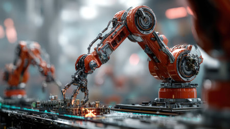 This image depicts a robotic arm meticulously assembling electronic components on a circuit board in a high-tech manufacturing environment, highlighting advanced automation.の素材