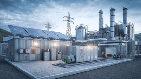 A modern energy facility showcases solar panels and advanced power generation equipment, reflecting a commitment to sustainability and clean energy amidst a dynamic sky.の素材
