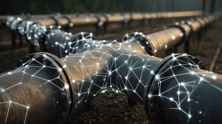 A detailed view of a complex piping network enhanced with digital connectivity elements, representing modern infrastructure and advanced data systems in industry.の素材