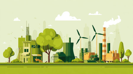 Vibrant illustration depicting a modern industrial skyline featuring wind turbines, a factory, and lush greenery, symbolizing the balance between industry and sustainability.の素材