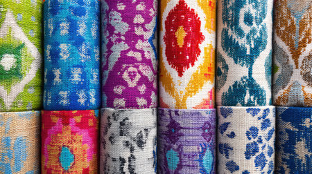 This image features an array of colorful textile patterns, displaying intricate designs in various hues that add flair to home decor and fashion creations.の素材