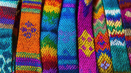 This image showcases an array of vibrant handwoven textiles with intricate patterns, highlighting the rich colors and craftsmanship in a close-up view.の素材