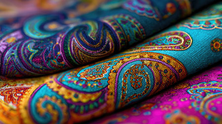 Discover a stunning arrangement of vibrant fabric textiles showcasing intricate paisley designs in rich colors, perfect for enhancing any fashion or decor project.の素材