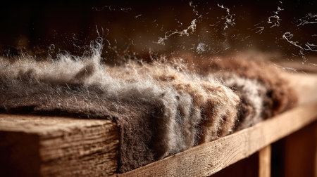 An artistic close-up showcases the soft texture of natural fiber arranged on a rustic wooden surface, highlighting the intricate details and warmth of artisan craft.の素材