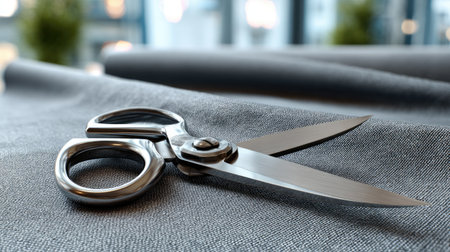 A sleek pair of stainless steel scissors elegantly lies on a textured fabric surface in a modern workspace, illuminated by natural light. Perfect for design projects.の素材