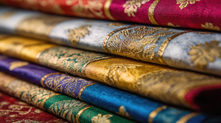 Close-up view of luxurious textiles displaying vibrant colors and intricate embroidery with gold thread. Ideal for showcasing design and fashion inspiration.の素材