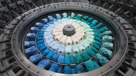 An industrial textile processing machine efficiently organizes fabric rolls in a captivating circular display, showcasing various shades of blue and green for textiles production.の素材