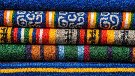 A beautiful arrangement of colorful textiles showcasing intricate patterns and warm textures, ideal for home decor projects or artistic inspiration.の素材