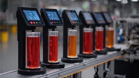 This image showcases advanced beverage production technology with colorful liquid samples in an industrial setting, highlighting modern innovation and efficiency in manufacturing processes.の素材
