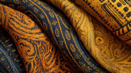A captivating display of vibrant textiles featuring intricate patterns in orange and blue tones. Ideal for design inspiration or artistic projects.の素材