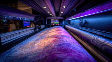 A close-up view of a high-resolution printing machine displaying colorful fabric patterns, showcasing the intricate details and advanced technology used in modern production.の素材