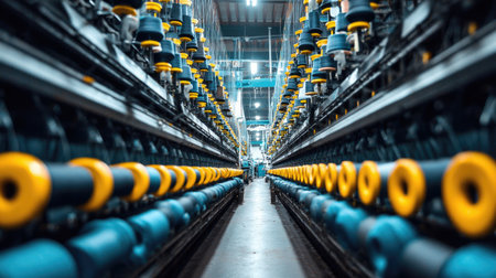 A wide view of a modern textile manufacturing facility showcases intricate machinery with vibrant spools of yarn, highlighting the efficiency of industrial production processes.の素材