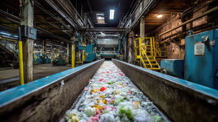 An industrial recycling facility showcasing a conveyor belt filled with colorful textile waste. The dimly lit environment illustrates the textile recycling process for sustainability.の素材