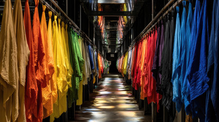 This image captures a modern fashion store's vibrant display of colorful fabrics hanging elegantly, showcasing a stunning atmosphere and rich textures.の素材