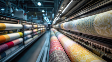 Discover a stunning array of colorful fabric rolls in a textile factory, showcasing vibrant designs and patterns, highlighting the intricate work of production and craftsmanship.の素材