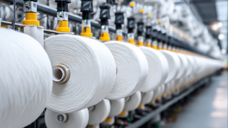 This image showcases a series of white spools of thread neatly arranged on a textile manufacturing machine, emphasizing the organized and efficient production environment.の素材