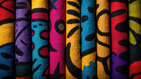 A stunning collection of colorful textiles featuring abstract patterns and rich textures. Perfect for adding a vibrant touch to home decor or fashion projects.の素材