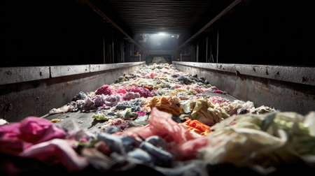 A visual portrayal of a dimly lit industrial area filled with colorful textile waste. The image highlights the pressing issue of textile pollution and waste management.の素材