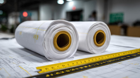 Rolls of architectural blueprint paper sit prominently on a drafting table, accompanied by a measuring tool, showcasing a dynamic and creative workspace ambiance.の素材