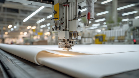 A close-up view of a high-tech fabric cutting machine in an industrial textile factory, showcasing advanced laser technology and efficient production processes.の素材