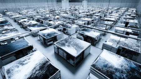 A stunning abstract representation of a futuristic warehouse, featuring surfaces showcasing ocean waves, blending technology with artistic expression in a dynamic setting.の素材