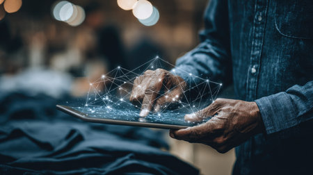 A person interacts with a tablet displaying a digital network visualization, set in a vibrant clothing store, showcasing technology in retail shopping.の素材