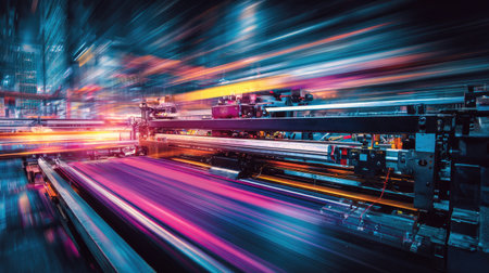 An energetic portrayal of industrial machinery in motion, showcasing vivid light streaks and representing the speed and innovation of modern manufacturing environments.の素材