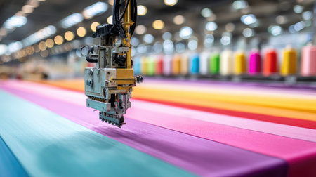 An industrial sewing machine working on vibrant fabric rolls in a modern textile factory, showcasing precision and creativity in the manufacturing process.の素材