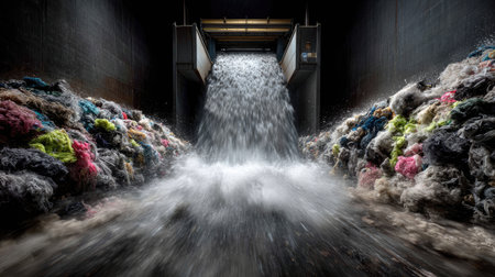 A powerful waterfall of textile waste flows into an industrial water treatment facility, showcasing the vital processes of recycling and sustainability in the textile industry.の素材