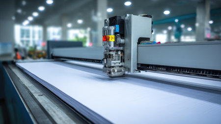 A cutting machine operates in a modern production facility, efficiently processing sheets of paper. The image captures the technology and precision required in manufacturing.の素材