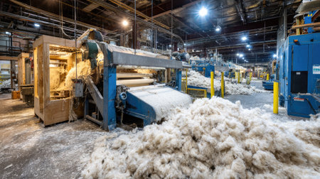 This image captures a wool processing facility, featuring machinery and raw fleece in an industrial setting. The scene illustrates the textile manufacturing process in action.の素材