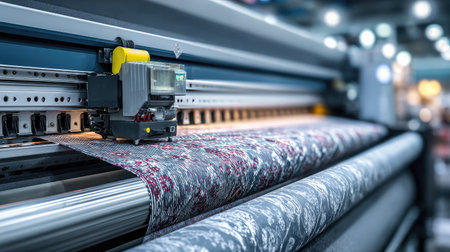 A high-precision printing machine showing intricate textile patterns in a vibrant workshop. Explore modern technology in fabric production and innovative design processes.の素材