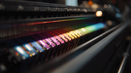A close-up image showcasing a vibrant spectrum of ink tones on printing rollers, highlighting colorful arrangements ideal for graphic design projects and printing industry.の素材