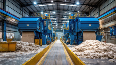 A spacious industrial facility features large blue machines for processing materials with an organized workflow, emphasizing modern manufacturing and efficient production systems.の素材