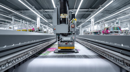 A high-tech industrial printing machine working in a modern factory. The image showcases precision equipment producing vibrant textiles with advanced technology.の素材