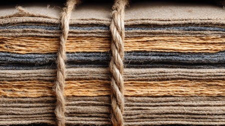 This image showcases stacked sheets of natural paper, beautifully bound with twine. The diverse colors and textures are perfect for various crafting and artistic endeavors.の素材