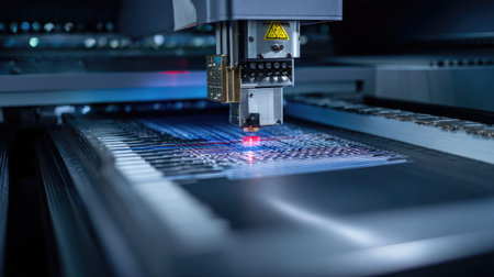 A dynamic view of a laser cutting machine showcasing a focused beam on a metal surface, highlighting precision technology in a modern industrial environment.の素材