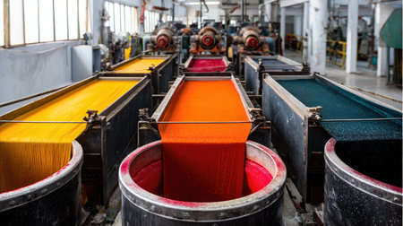 Explore the dynamic fabric dyeing process in an industrial facility, highlighting vibrant colors flowing through spacious tanks used for textile production.の素材