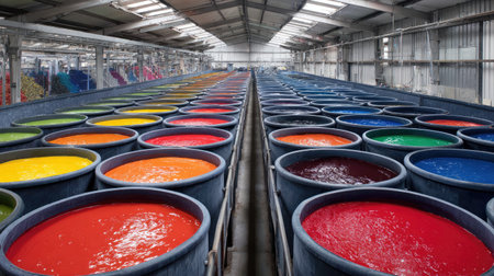 A striking overhead view showcases a spacious warehouse filled with large round tanks of vibrant dye colors, representing the textile industryの素材