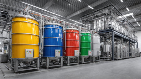 This vibrant image captures colorful storage tanks inside an industrial facility, showcasing modern chemical processing equipment and efficient manufacturing infrastructure.の素材