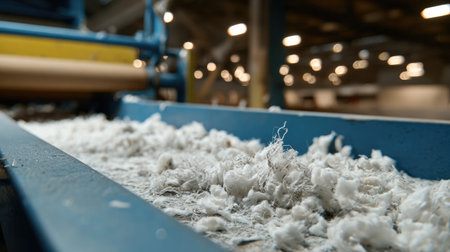 Close-up view of cotton fibers on a conveyor belt in an industrial textile manufacturing facility displays the production process and modern equipment.の素材