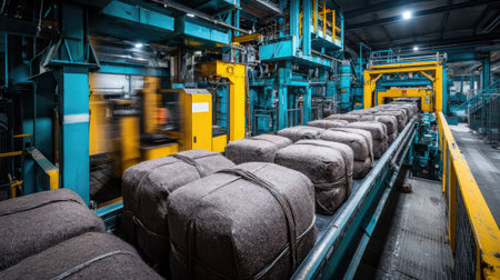 Automated machinery processes bales of material in a modern industrial facility, showcasing efficiency and technology in logistics and manufacturing environments.の素材