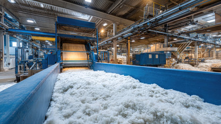 An expansive textile production facility showcasing advanced machinery and a processing line filled with textile fibers, highlighting modern industrial efficiency.の素材