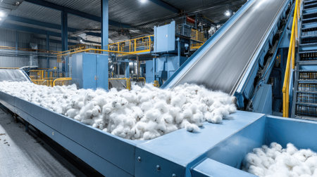 A detailed view of a modern cotton processing facility showcasing advanced machinery and raw cotton in an organized manufacturing environment focused on efficiency.の素材